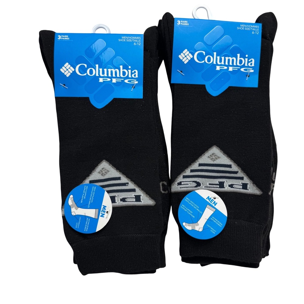 Columbia PFG Mens Crew Socks 6 Pairs‎ Black Performance Fishing Shoe Size 6-12